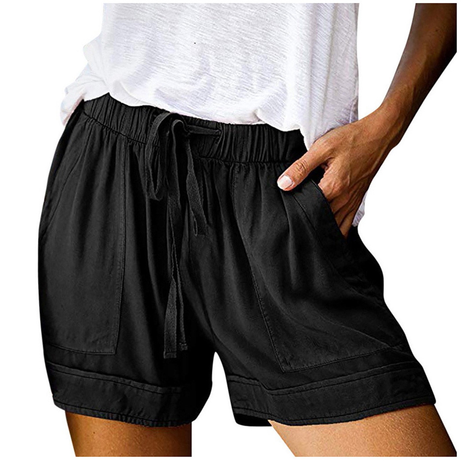 thumbnail image 5 of Pantalones cortos cómodos con cordón y cintura elástica para mujer - Pantalones holgados de color liso con bolsillos - Ropa informal de verano de poliéster, 5 of 8